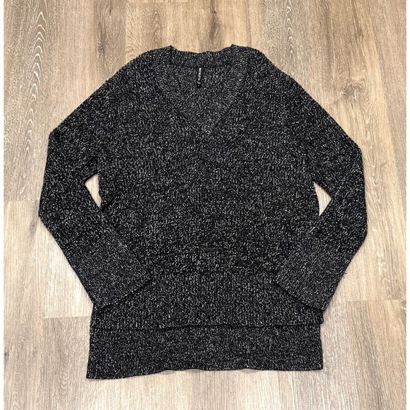 Athleta Gray Black Marled Wool Blend V Neck High Low Tunic Sweater L - Picture 1 of 12